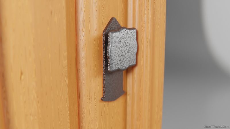 A metal handle of a wooden door